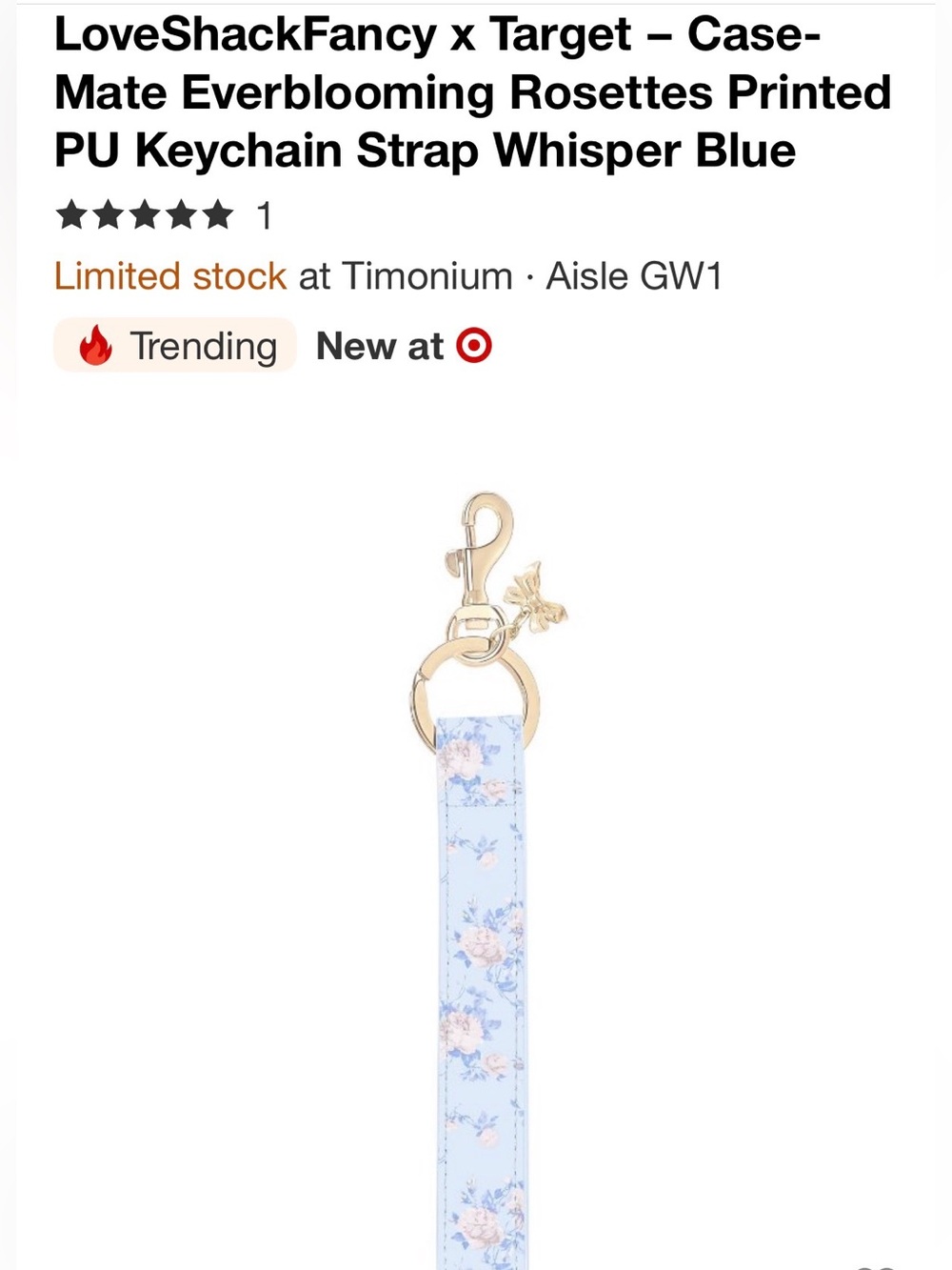 LoveShackFancy x Target Light Blue Floral Wristlet Keychain Strap Gold Hardware
